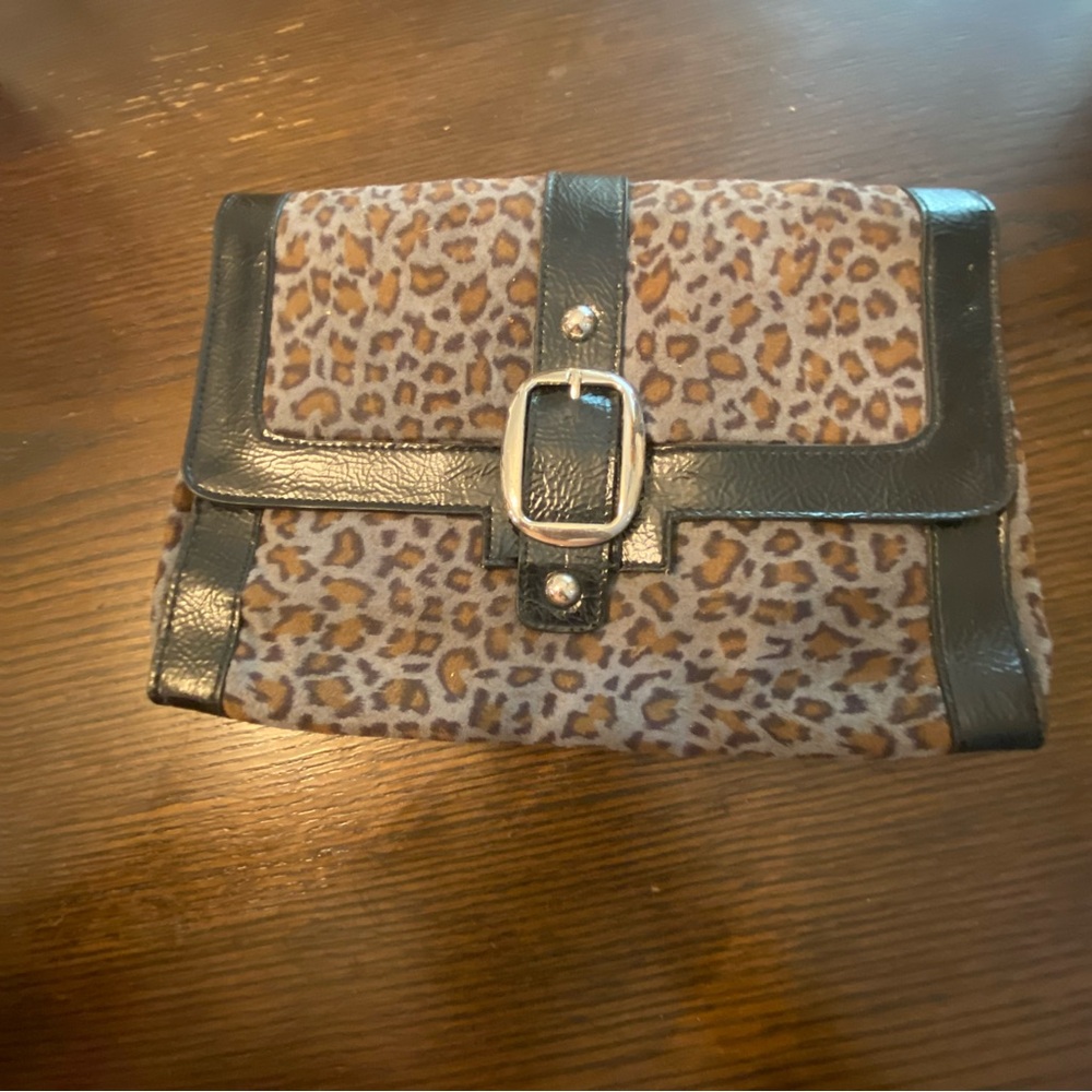 Y2K Grey, Brown & Black Leopard Patent Leather Clutch